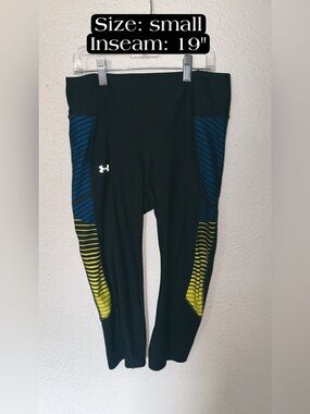 Under Armour Black Capri Leggings with Blue and Yellow Side Panels